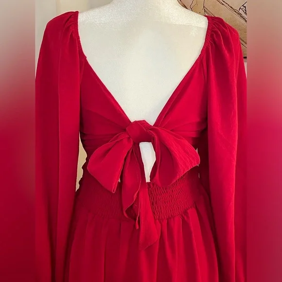 Long Sleeve Mini Dress Ties in Back Size M Red - Picture 7 of 15